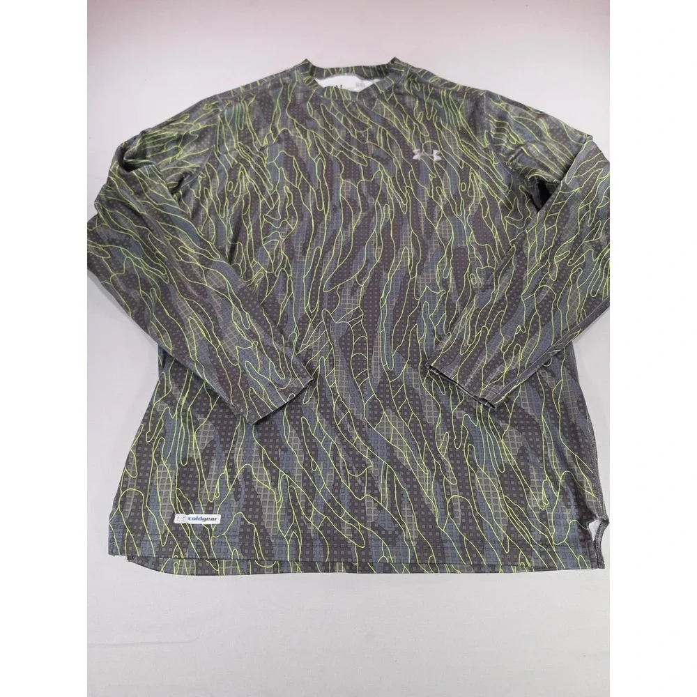 Under Armour ColdGear Mens Large Fitted Long Sleeve Gray Neon Camo Shirt 1323